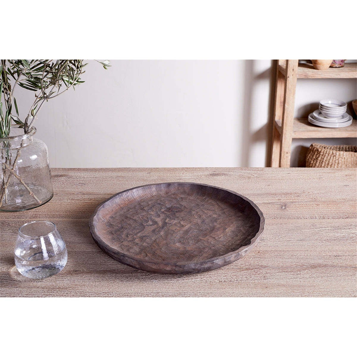 Nyati Mango Wood Etched Round Tray - Dark