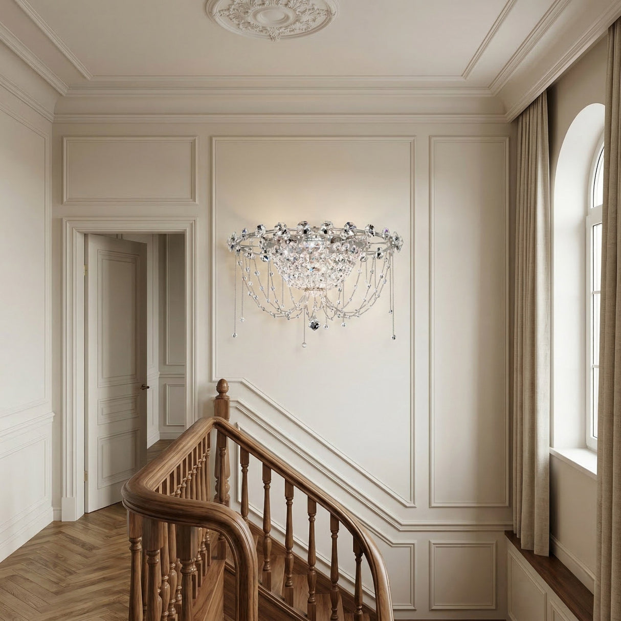 Elegant stairway with a wooden handrail and parquet floor, featuring ornate wall molding, the Amara 5 Light K9 Crystal Flush Ceiling Light in chrome, and tall arched windows with beige curtains letting in natural light.