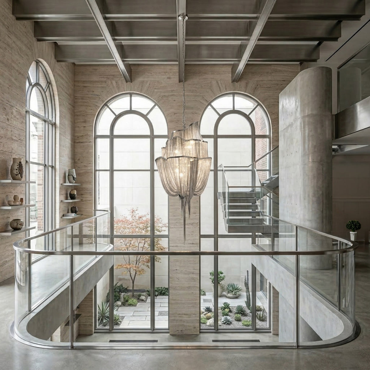 A modern, open interior with large arched windows, a sculptural Mireya 8 Light Metal Chain Veil Chandelier in Nickel, glass railings, exposed concrete, and a sleek staircase overlooking a minimalist courtyard garden.