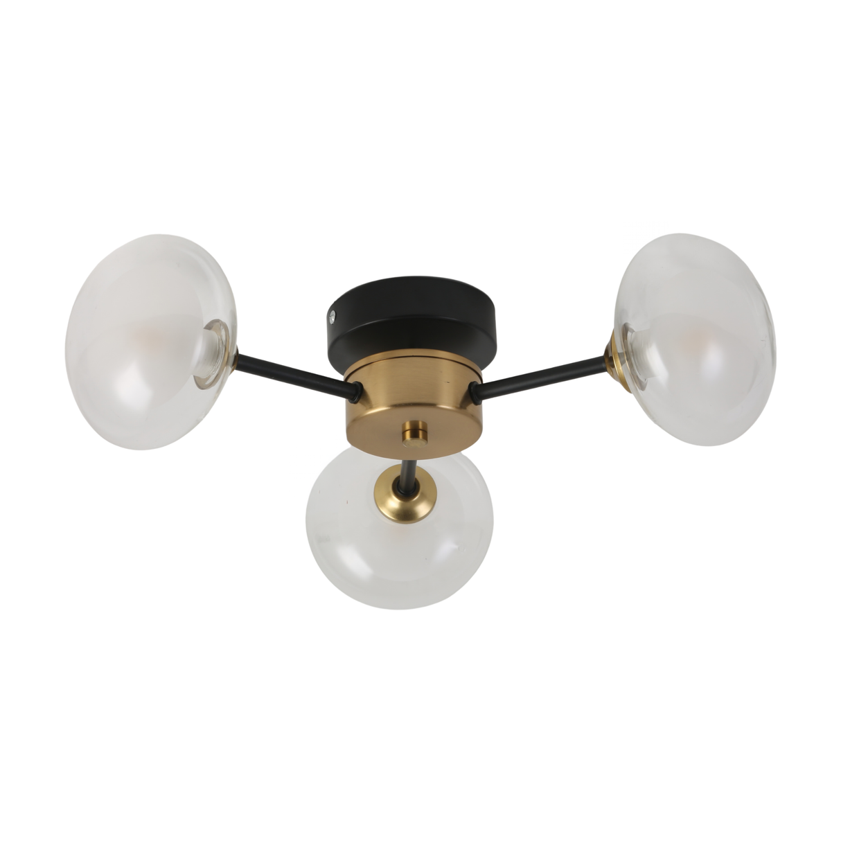 Niori Galaxy 3 Light semi-flush ceiling light with clear glass globes on slim black arms and a matt black and brushed brass hub, on white.