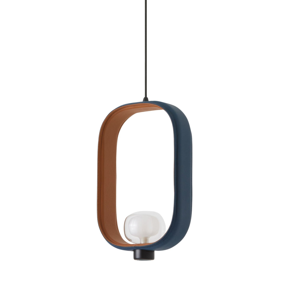 Strappa Pendant Light with oval grey metal frame, tan leather lining, and frosted glass shade holding a G9 bulb, shown on a plain white background.