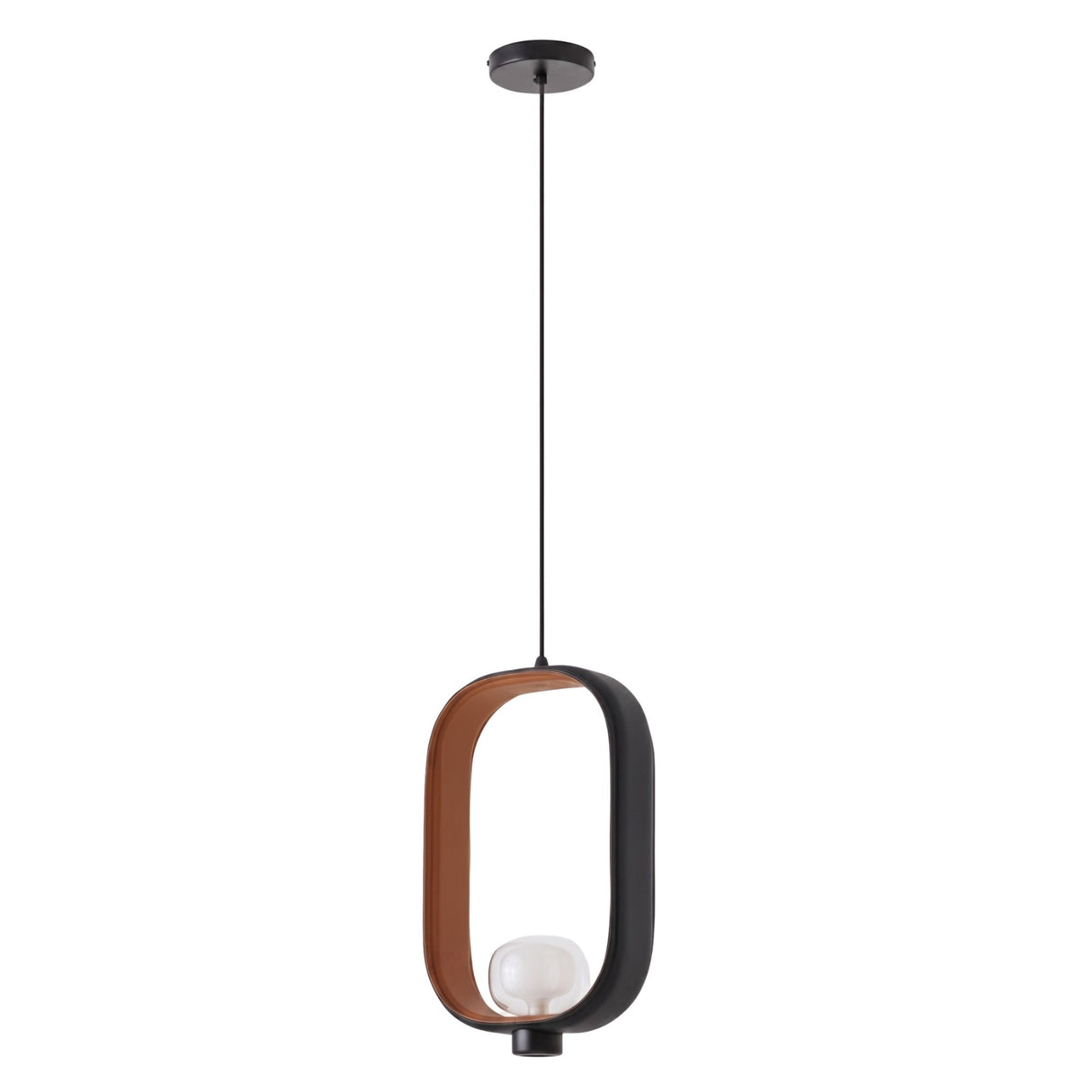 Strappa Pendant Light with oval grey metal frame, tan leather stitched inner lining, and smoked glass shade with G9 bulb, on a plain white background.