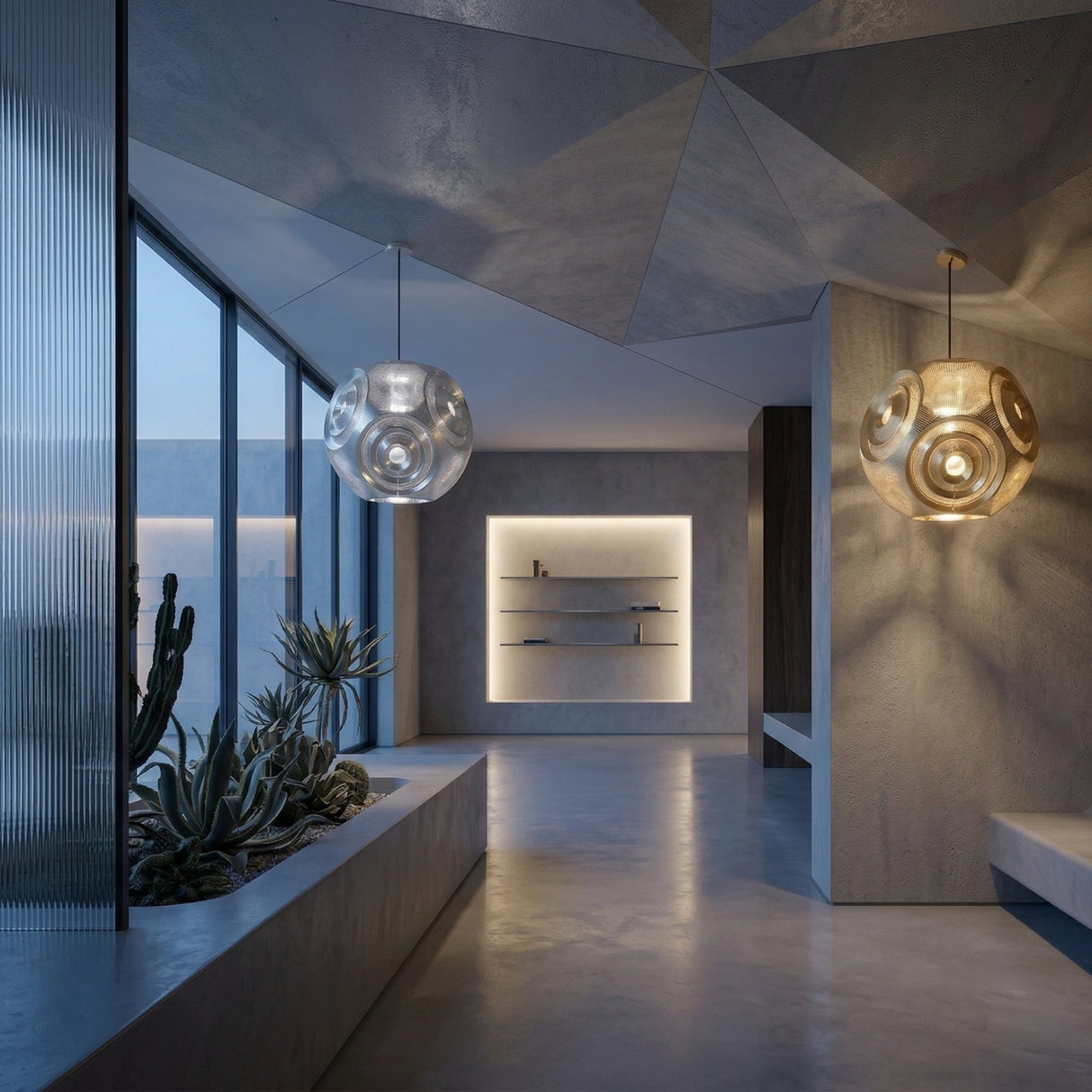 Niori Space 1 Light Perforated Sphere Pendant in gold lit in a modern concrete hallway with geometric ceiling, succulent planter and inset shelving.