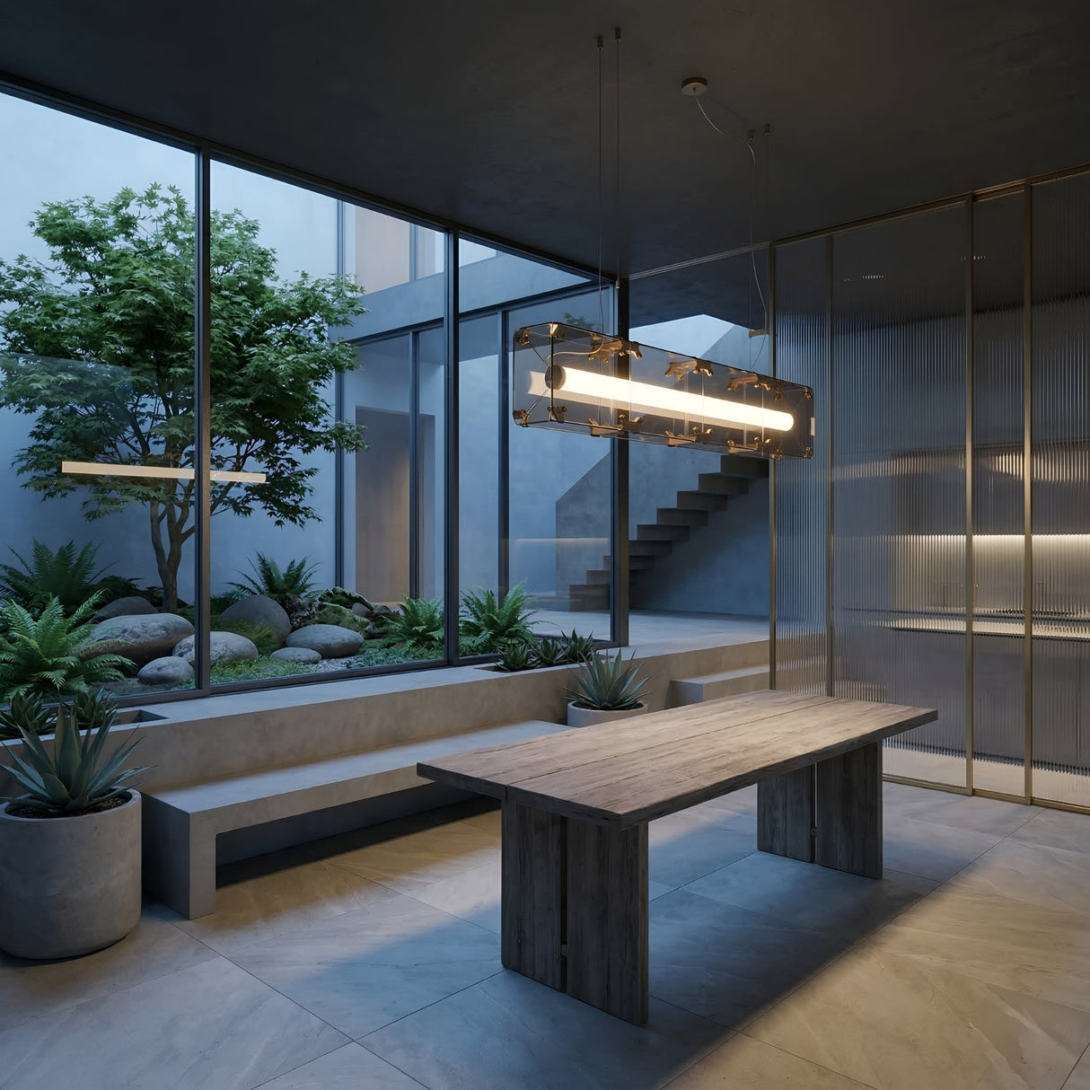 Niori Qbic LED Linear Suspension Light Small in clear glass and brass hangs above a wooden dining table in a modern room with a courtyard garden view.