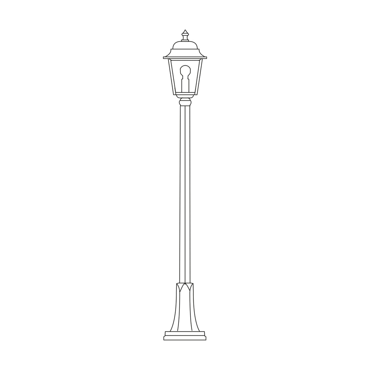 Line drawing of the Coping cast aluminium outdoor lamp post, 156cm, with a domed lantern head on a slim fluted column and flared flange-plate base, on a plain white background.
