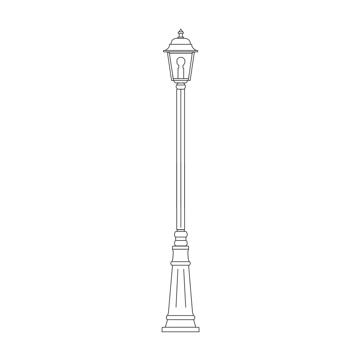 Coping cast aluminium outdoor lamp post, 192cm tall with a single lantern head atop a slim fluted column and splayed base, shown as a line illustration on a plain white background.