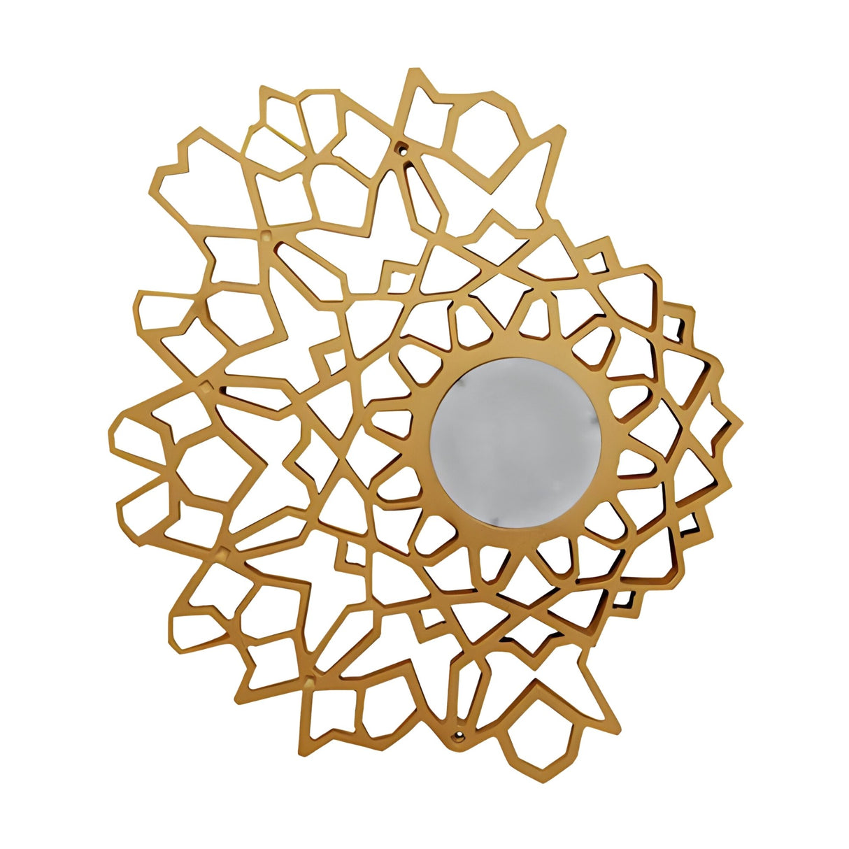 The Notredame LED Small Wall Light - Gold features an intricate, abstract gold metal frame with geometric patterns and a round design inspired by the ornate beauty of Gothic cathedrals.