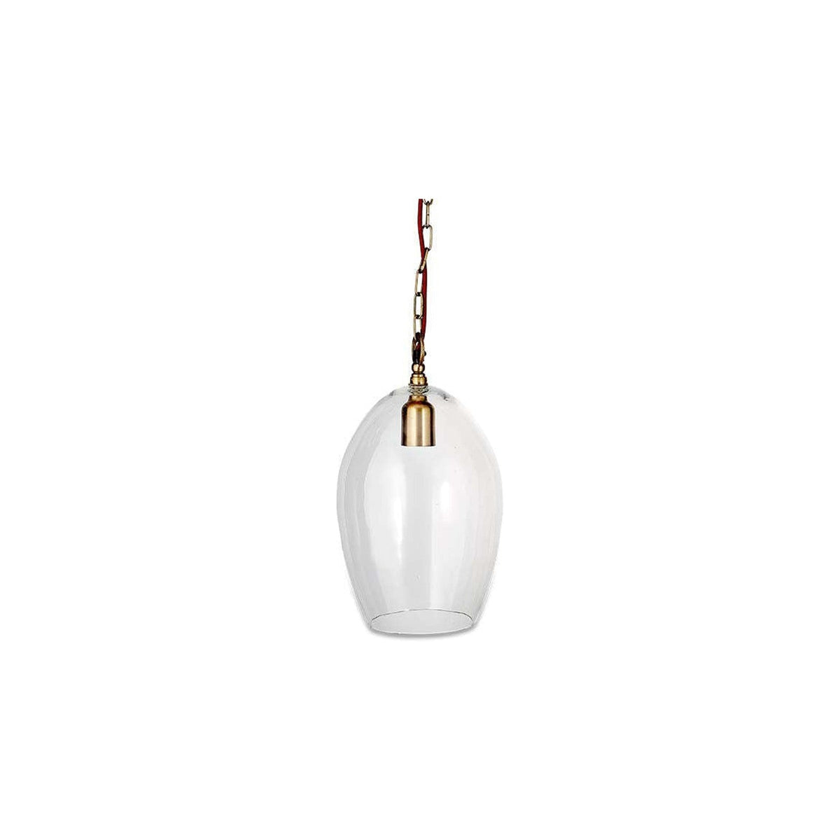 Otoro Small Oval Recycled Glass Pendant Light in Clear, with a tall egg-shaped shade, brass collar and visible lampholder, hung from a brass chain against a plain white background.