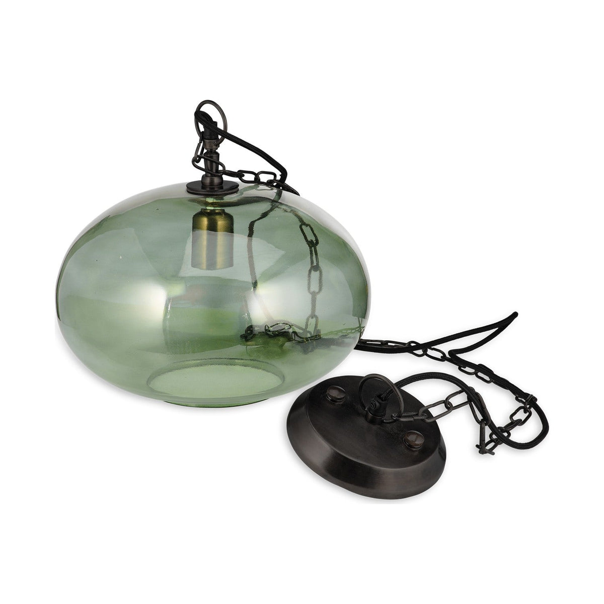 Otoro Small Round Recycled Glass Pendant Light in Green, a flattened spherical shade with brass collar and black chain and ceiling rose, shown on a plain white background.