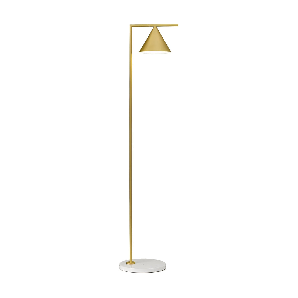 The Odin Floor Lamp - Brass offers elegant lighting with a slim brass stand, right-angled arm, cone-shaped gold lampshade, and round white marble base.