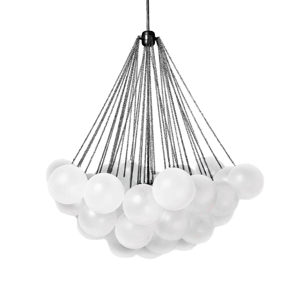 The Orb 37 Light Cluster Suspension - Black features numerous frosted white glass spheres artfully arranged in a cluster and suspended by black cords from a central fixture, creating a striking display against a clean white background.