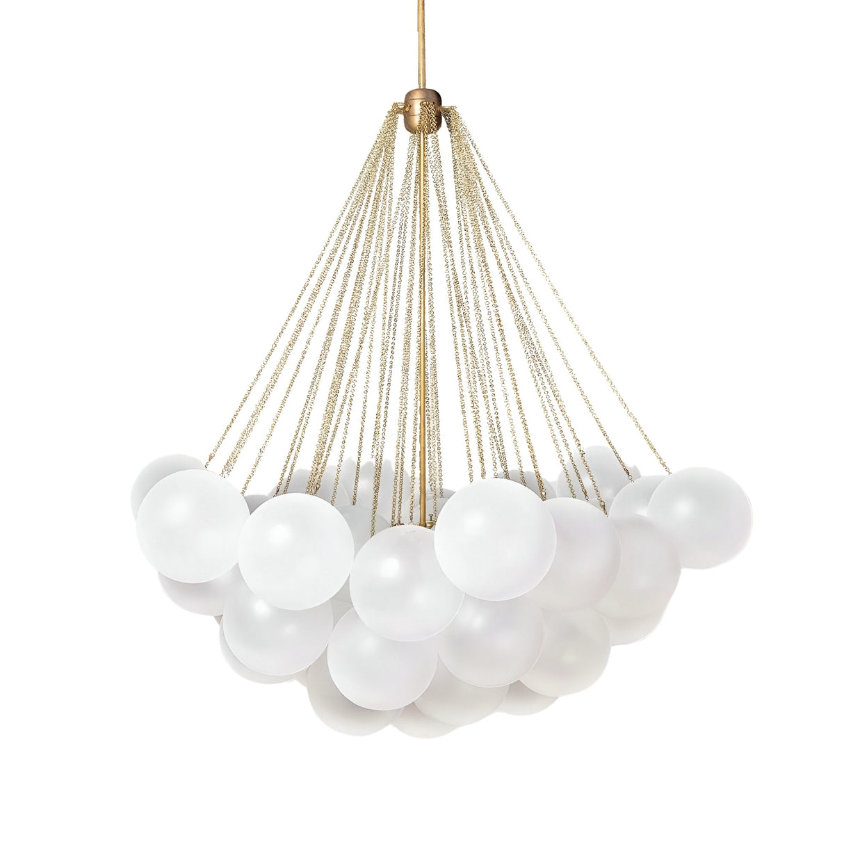 The Orb 37 Light Cluster Suspension - Gold showcases multiple frosted glass globes clustered together and suspended by slender gold rods, converging at a central gold fixture for a striking, modern chandelier design.