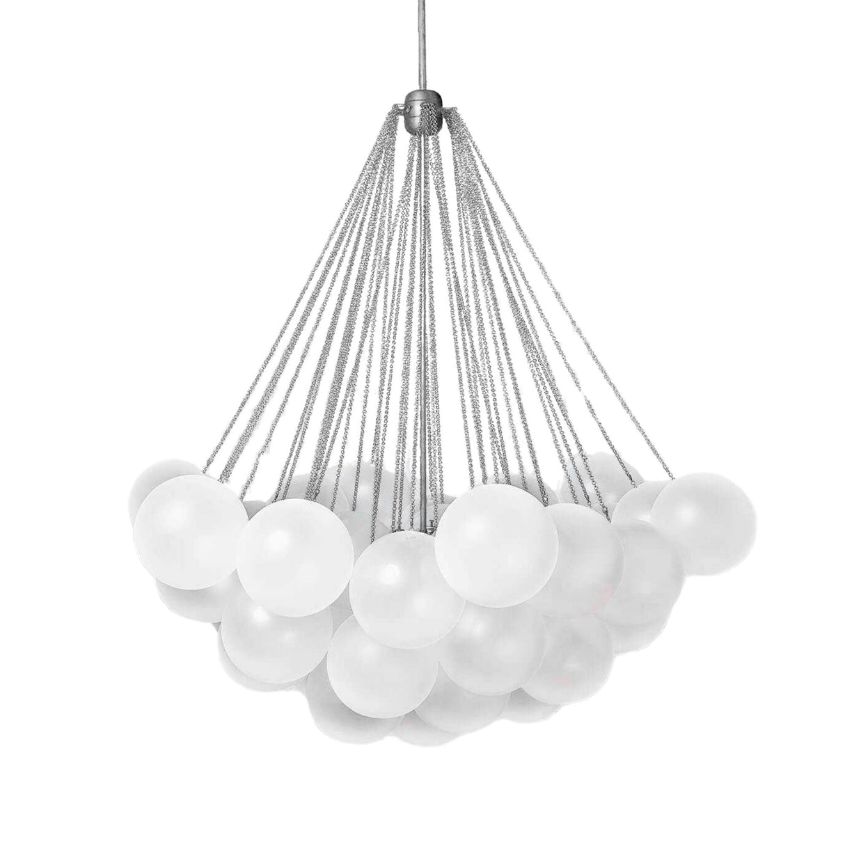 The Orb 37 Light Cluster Suspension - Silver is a modern chandelier with frosted white glass spheres clustered together, each globe elegantly hanging by thin cables from a central fixture.