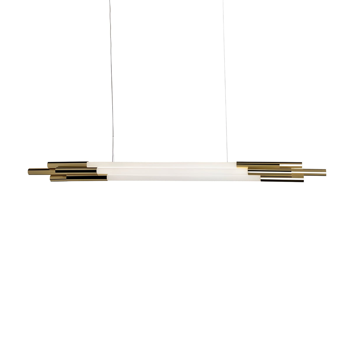 The Org LED Linear Suspension Light - Gold & White features two white cylindrical tubes with gold and black metal rods at each end, suspended by thin wires. Its gold and white finish adds elegance, perfect for modern interiors.