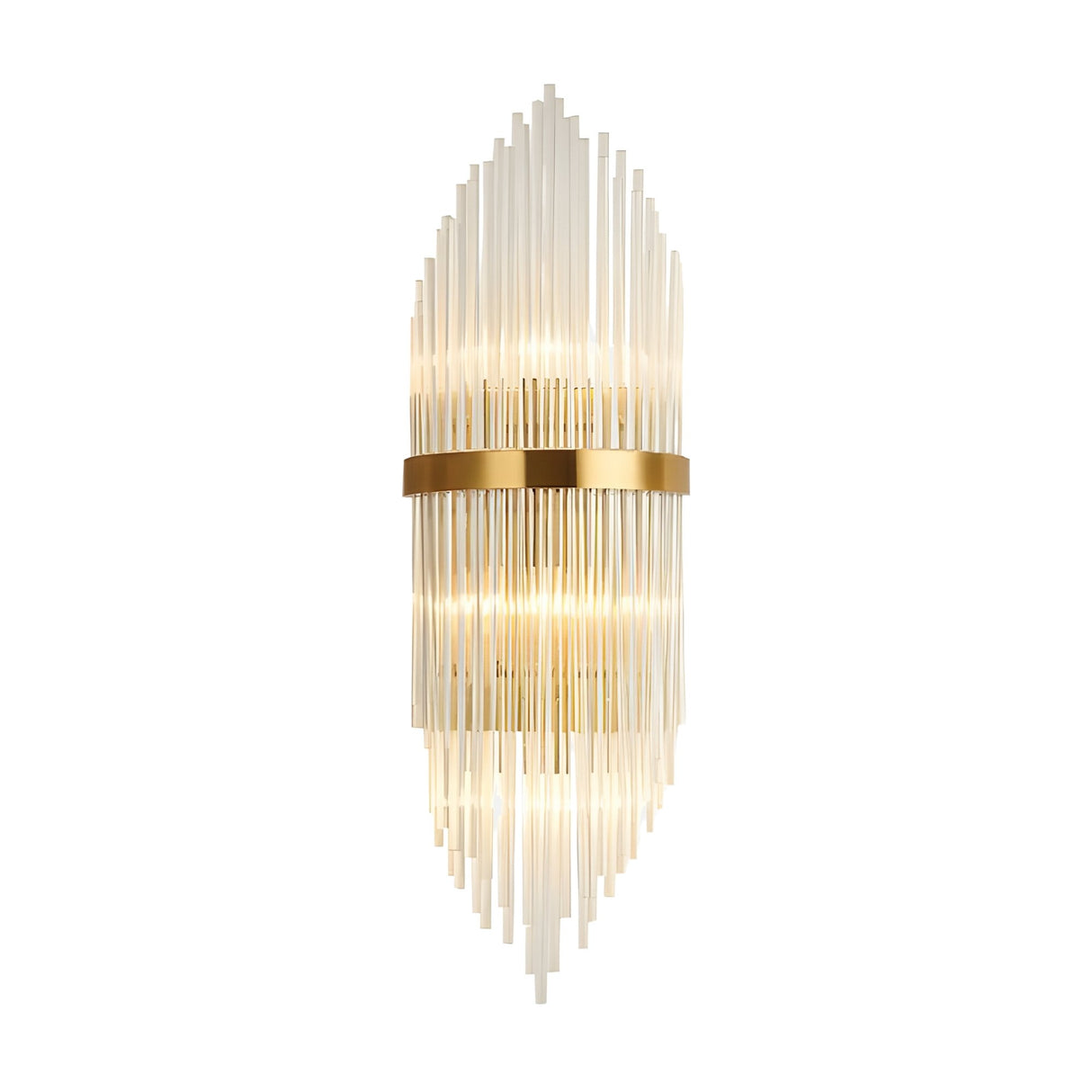 The Oriana 2 Light Crystal Wall Light - Gold features multiple vertical glass rods and a gold band, forming an elongated oval shape that emits a warm, inviting glow.