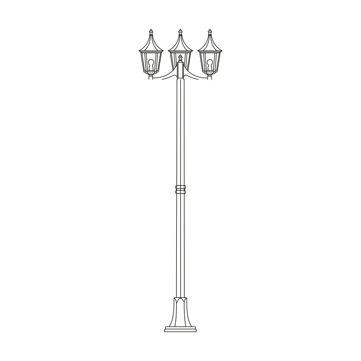 Spire cast aluminium outdoor lamp post, 209cm, with 3 lantern heads with glass panels on a tall column and wide ribbed flanged base, shown on a plain white background.