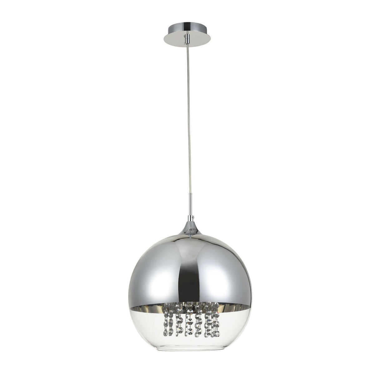 The Fermi Large Dome Pendant Light, a contemporary ceiling fixture with a nickel and clear glass finish, features elegant dangling crystal accents. Its perfect for modern interiors and is suspended by a thin cable.