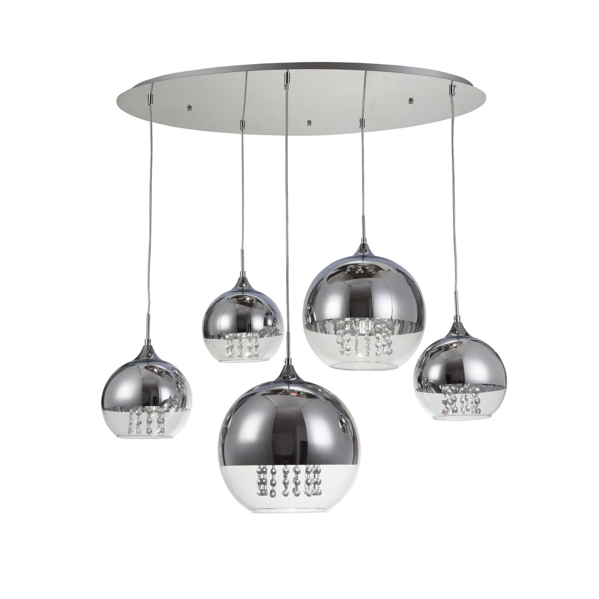 The Fermi 5 Light Cluster Pendant - Nickel is a modern lighting masterpiece with five nickel pendant lights at various lengths from a round ceiling mount, each featuring a reflective surface and an exquisite cluster of crystal accents.