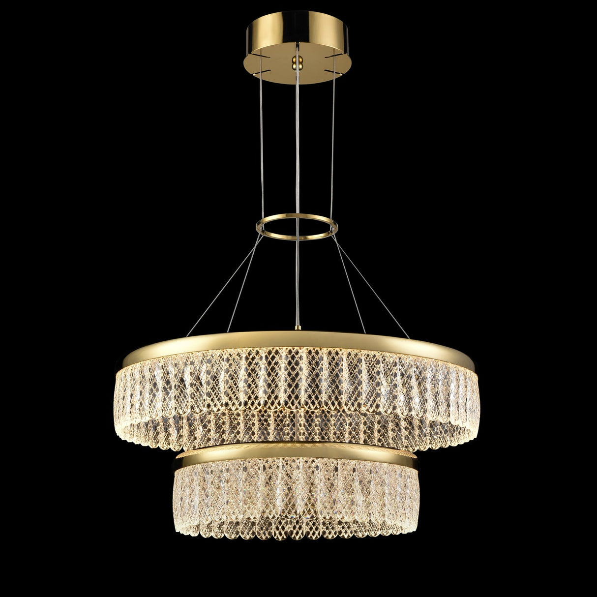 Victoria 2 light chandelier in gold finish, shown on a dark background