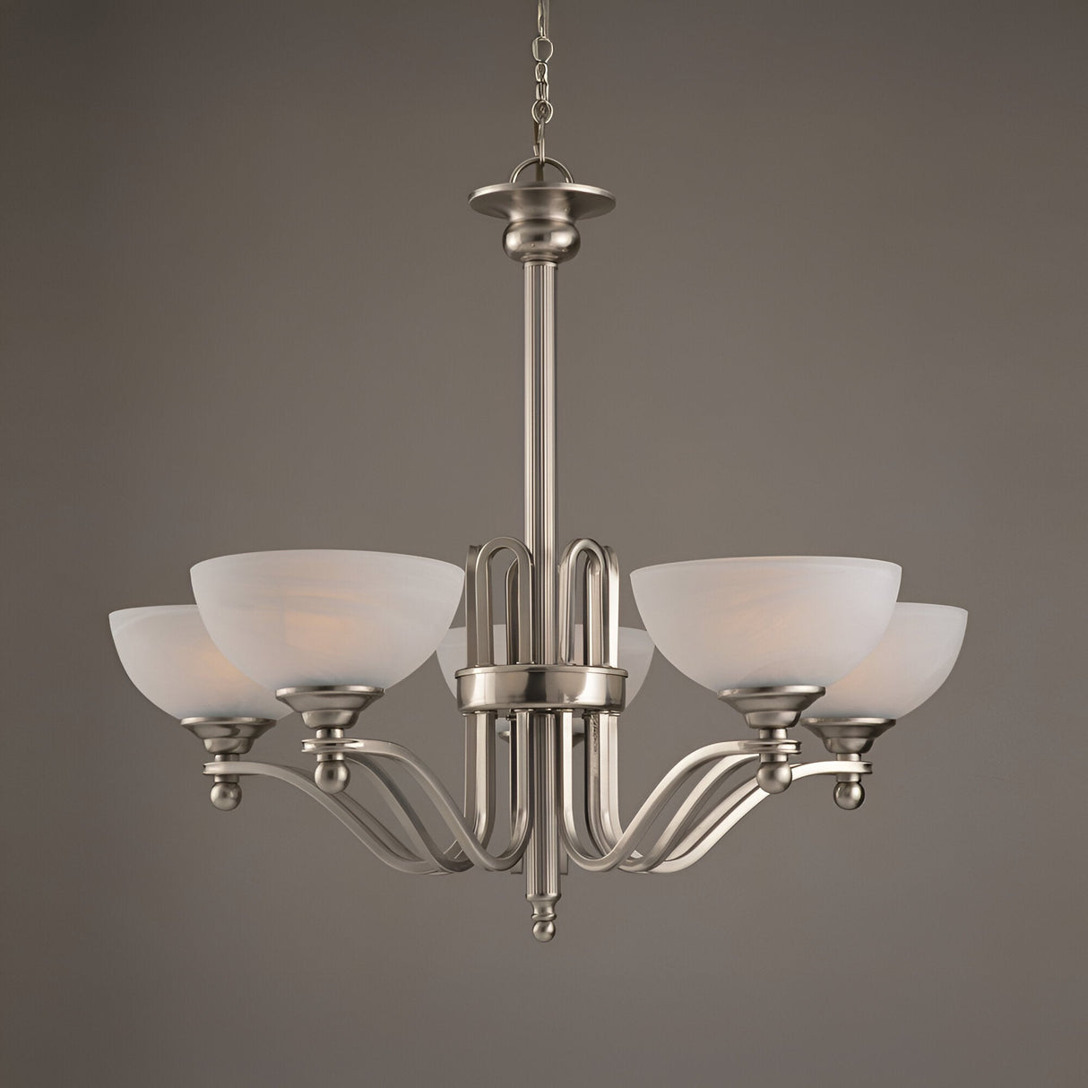 Dexlan 5 Light Chandelier - Satin Nickel & White Alabaster