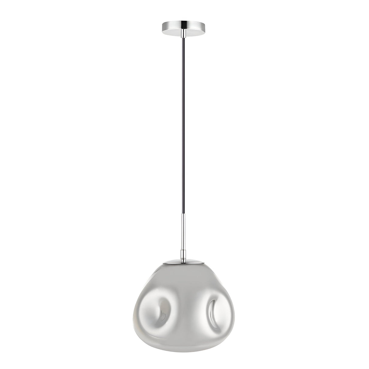 Impex Luxa 1 Light Pendant with dome-shaped chrome mirrored glass shade, dimpled surface, and polished chrome stem and ceiling rose on a white background.