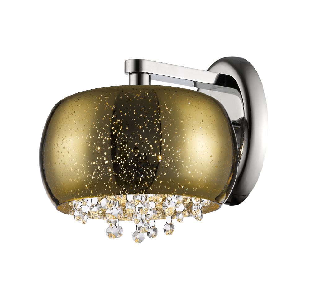 Impex Lunara 1 Light Crystal Wall Light in gold with a hemispherical gold-smoked bubble glass shade, polished chrome bracket and crystal droplets.