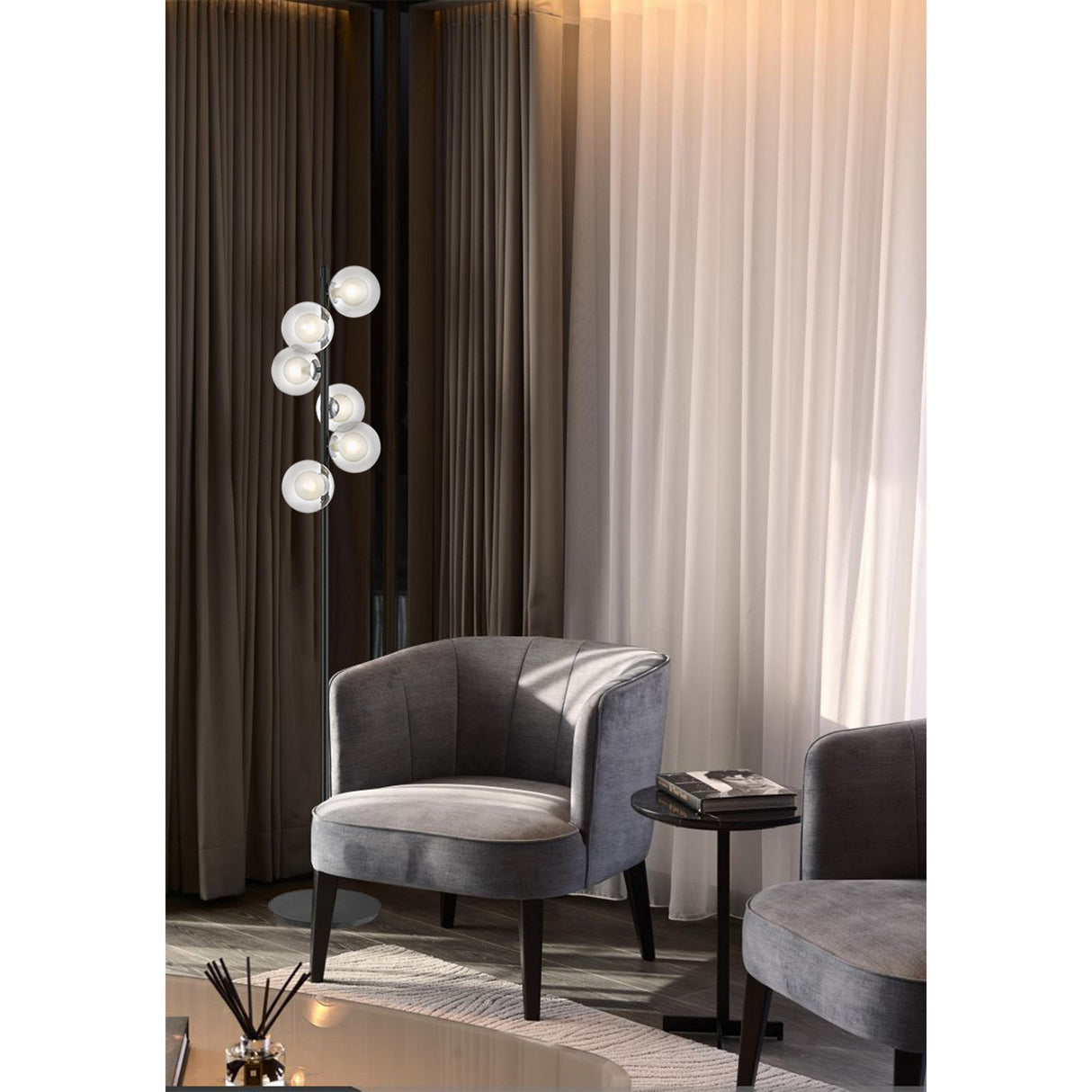 Lumen 6 Light Floor Lamp - Chrome/Matt Black