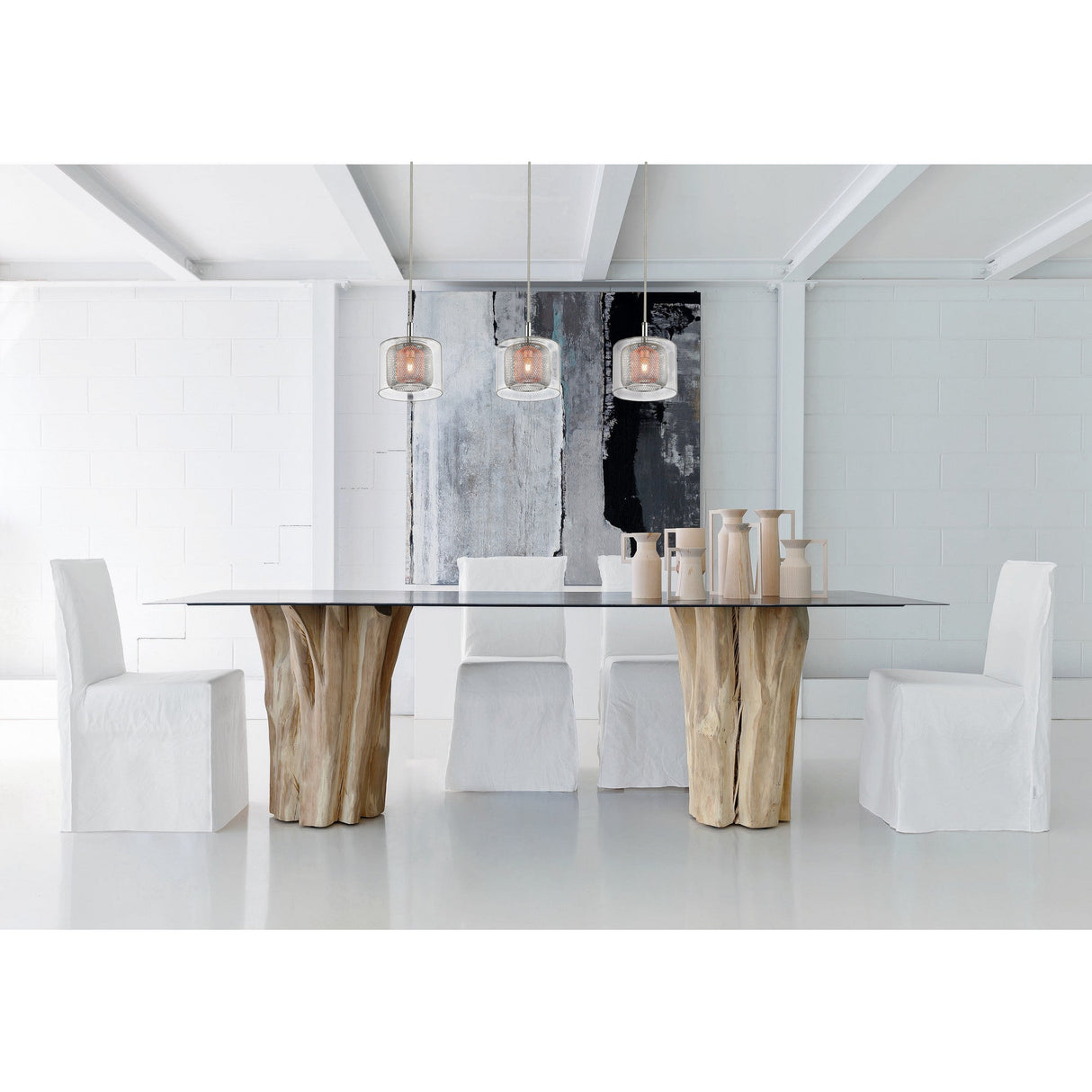 Laurin 3 Light Glass & Copper Mesh Bar Pendant - Chrome