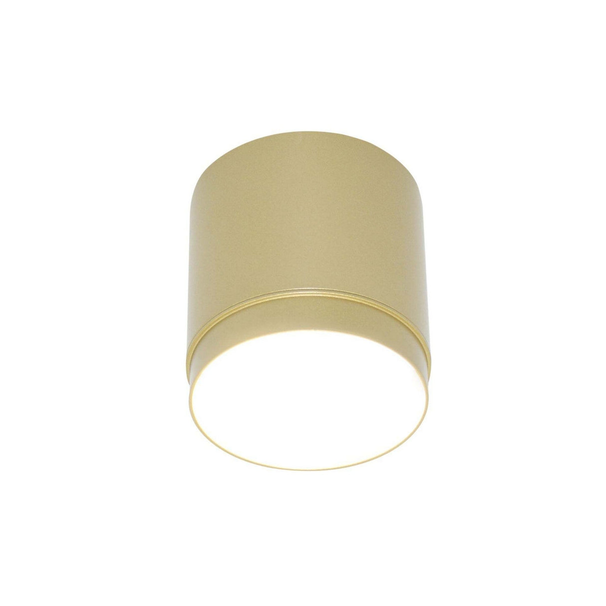 The Polar Round Surface Downlight in matte gold is a modern, cylindrical fixture that brightens the room with its focused white glow, ideal for accent lighting, and stands out against a plain white background.