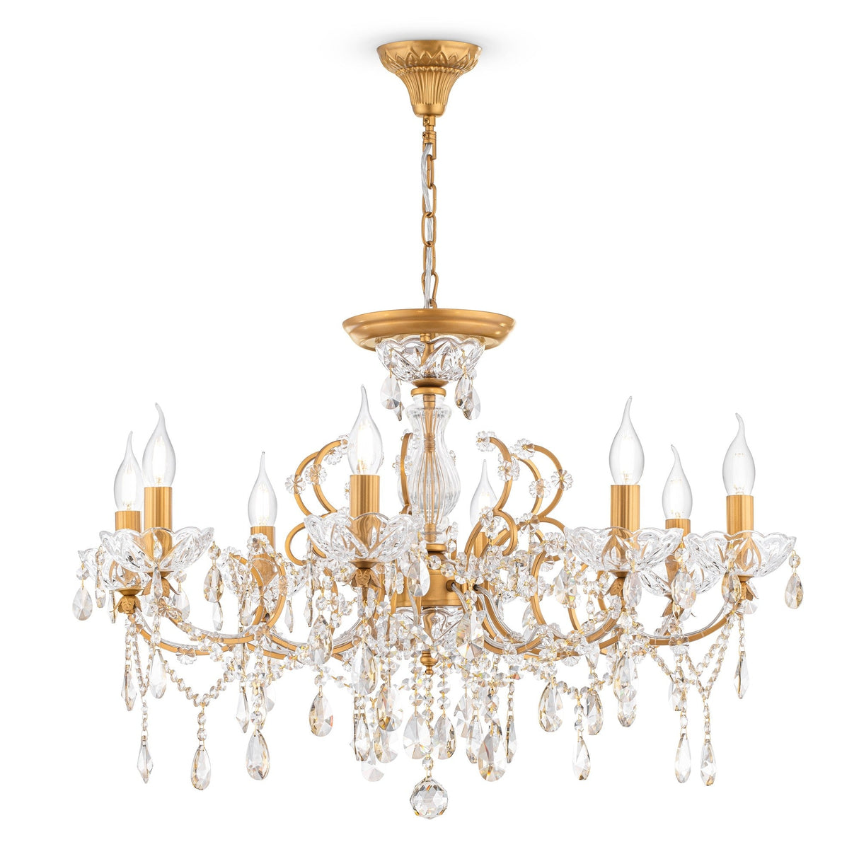 The Sevilla 8 Light Chandelier - Gold epitomizes luxury lighting with its ornate design, featuring decorative crystals and eight candle-shaped bulbs suspended from a gold chain.