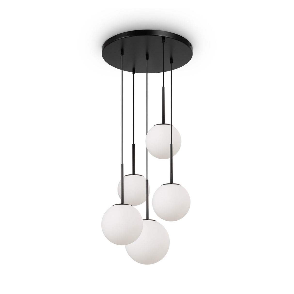 The Basic Form 5 Light Cluster Pendant features five frosted glass globes suspended at various heights from black metal stems, attached to a round black ceiling mount against a white backdrop.