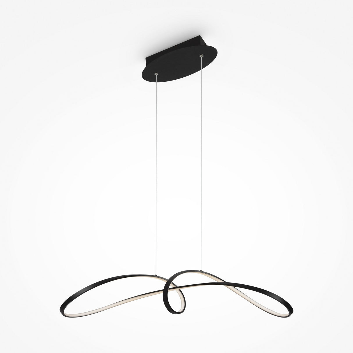 The Curve LED Loop Suspension Light - Black features a minimalist design with black curves and integrated LED strips, suspended by thin cables from a sleek rectangular ceiling mount. This modern fixture creates an elegant looping shape against a white background for enhanced energy efficiency.
