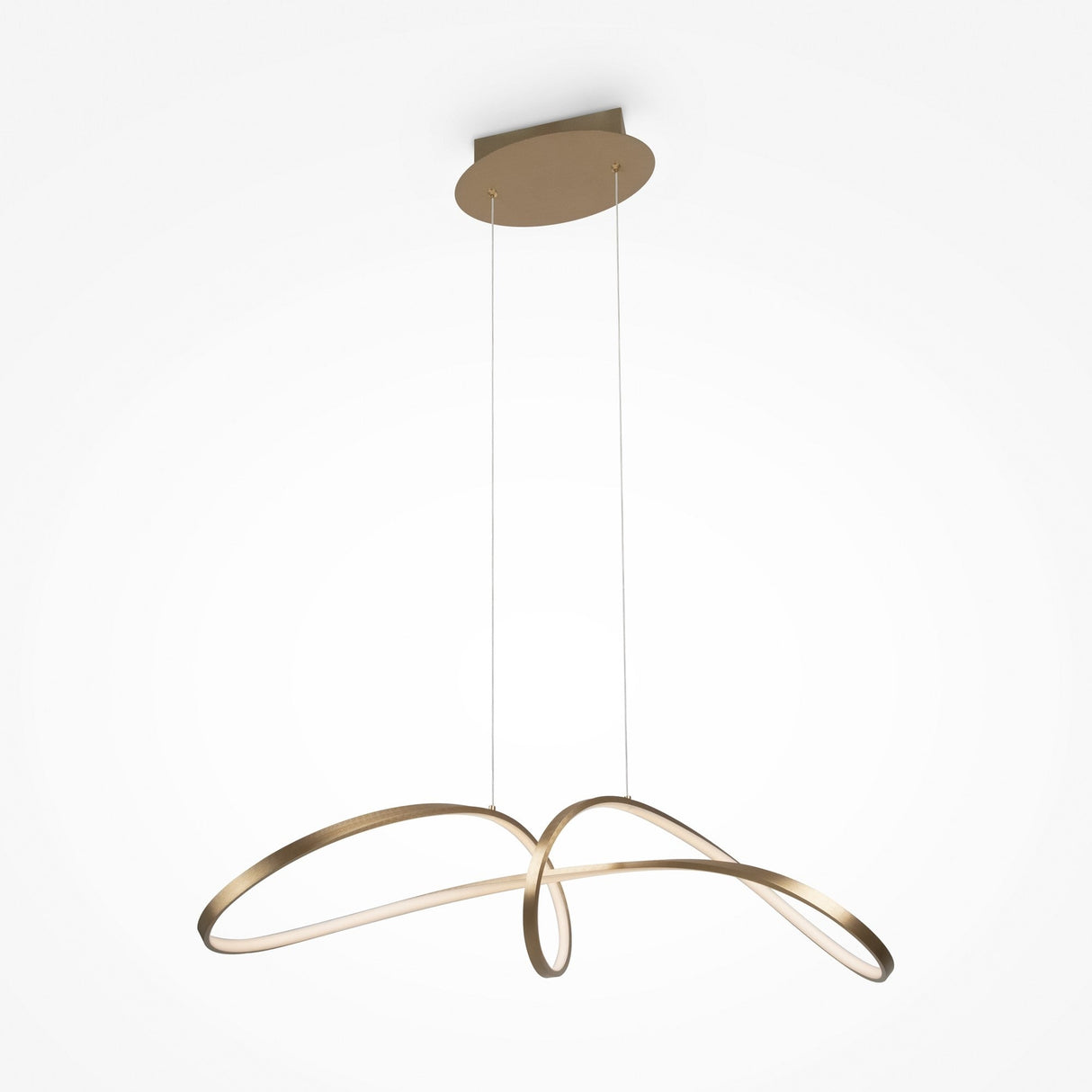 The Curve LED Loop Suspension Light features a modern, abstract looped design in a luxurious gold finish. Crafted from metallic materials, this sculptural pendant light includes an integrated LED source and is elegantly suspended by two thin wires.