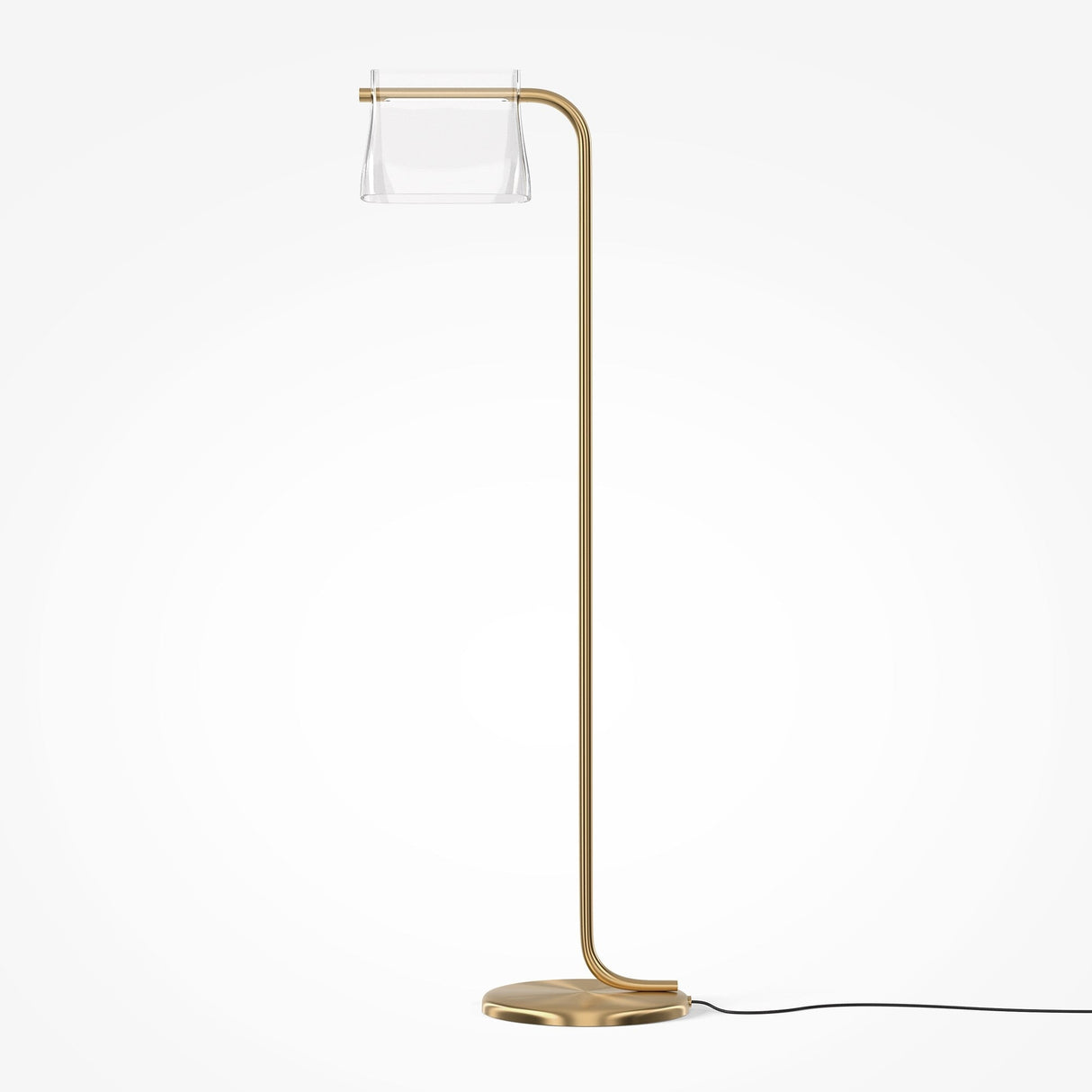 The Cabaret LED Floor Lamp - Brass is a minimalist masterpiece with modern LED tech, featuring a gold finish and clear lampshade. Its curved design graces a round base, with a black power cord visible against a white backdrop.