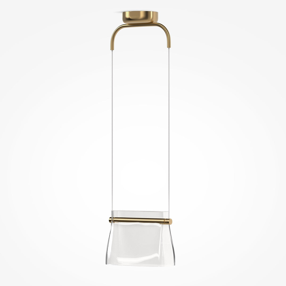 The Cabaret LED Pendant Light - Brass boasts a minimalist design with a clear glass shade and features elegant gold accents. Its unique elongated shape includes a gold handle extending from the ceiling to a gold ring at the middle, set against a white background.