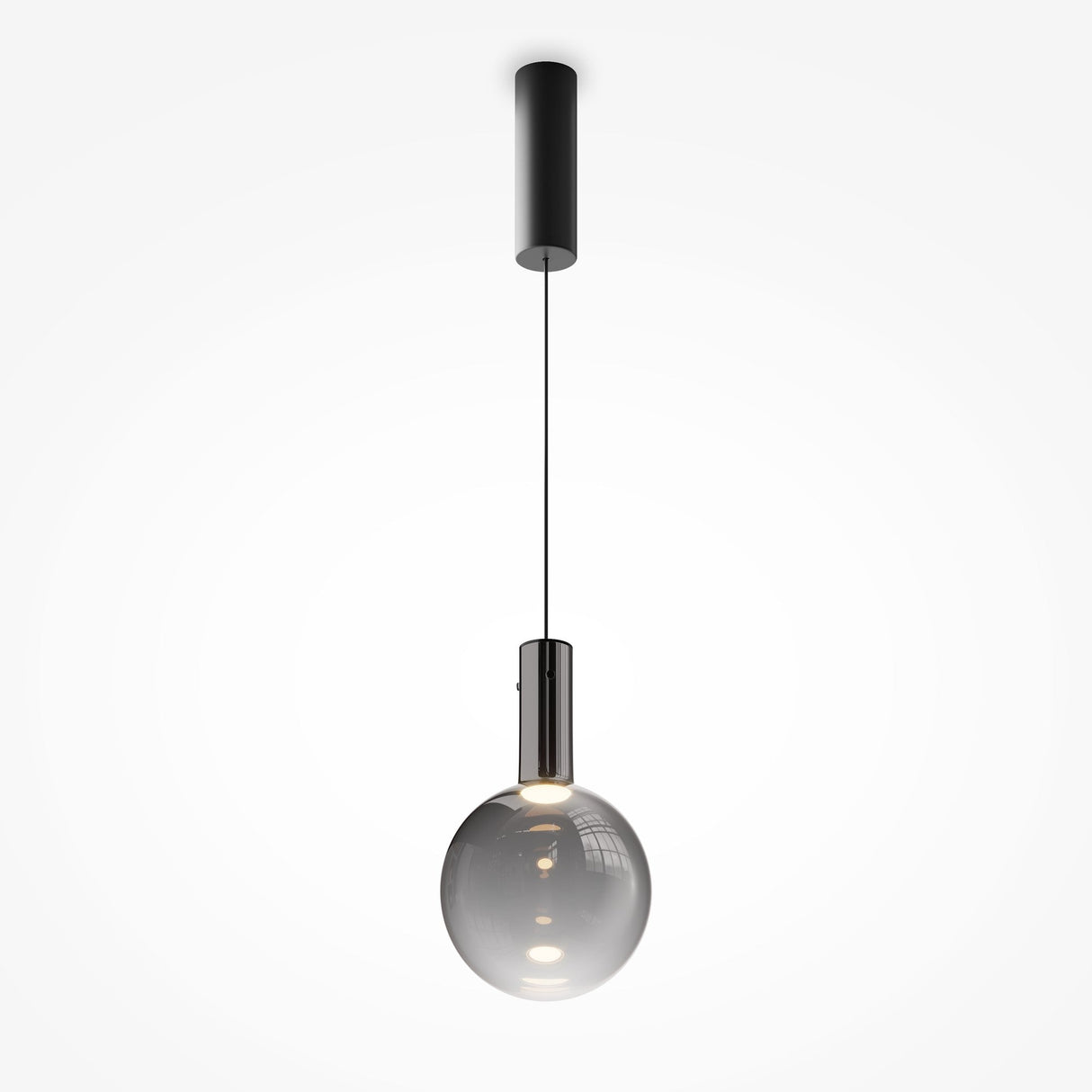 The Nebula LED Pendant Light 20cm - Black With Smoky Black Glass Sphere boasts a sleek, cylindrical fixture hanging from a thin cord. Its reflective orb-shaped shade emits a warm glow, perfect for modern interiors against a plain white background.