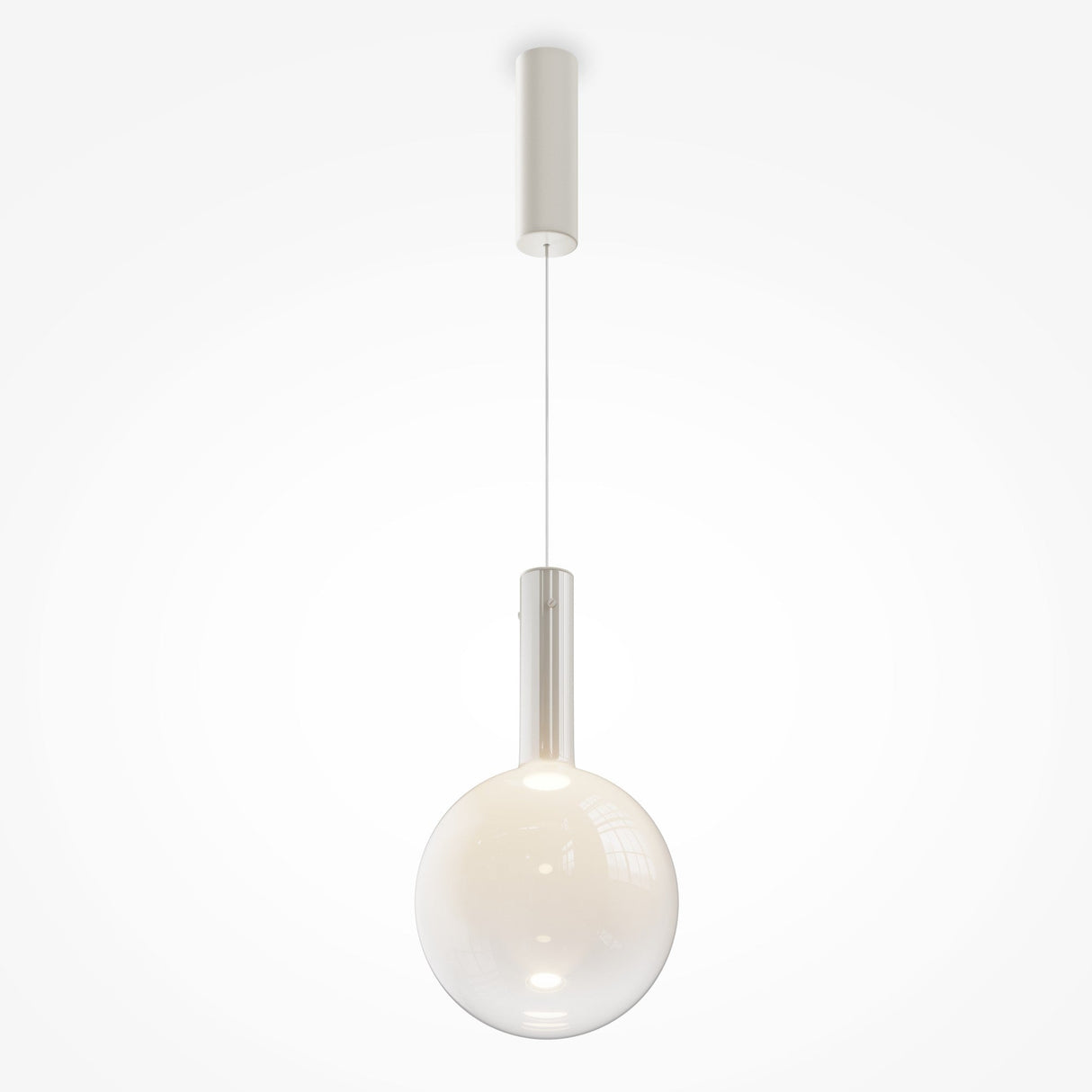 The Nebula LED Pendant Light 25cm showcases a misty white glass sphere and hangs gracefully by a thin wire from a sleek cylindrical mount, ideal for minimalist spaces.