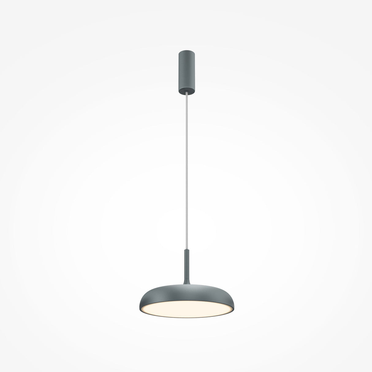 The Gerhard LED Dome Pendant Light 30cm in Grey features a sleek design with adjustable wire length, hanging elegantly while its round shade enhances energy efficiency and softly illuminates the plain white background.