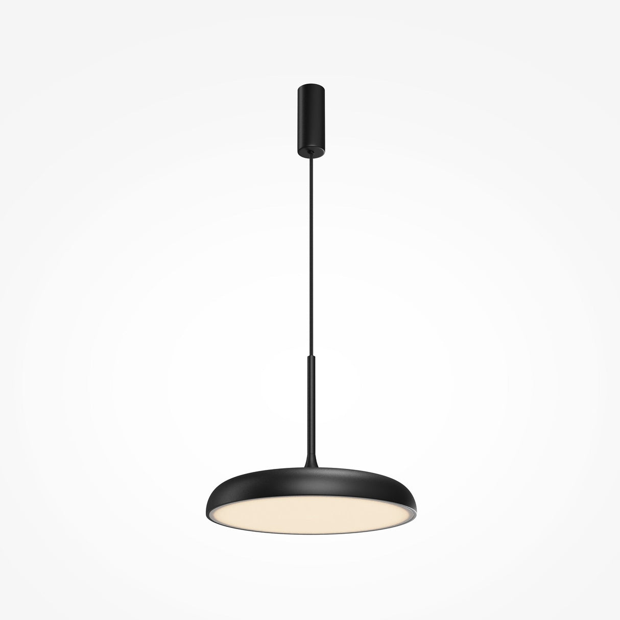 The Gerhard LED Dome Pendant Light 40cm - Black is a sleek, modern lighting solution with a circular design that hangs from a thin cord. It offers energy-efficient illumination and a warm glow, set against a plain white background.