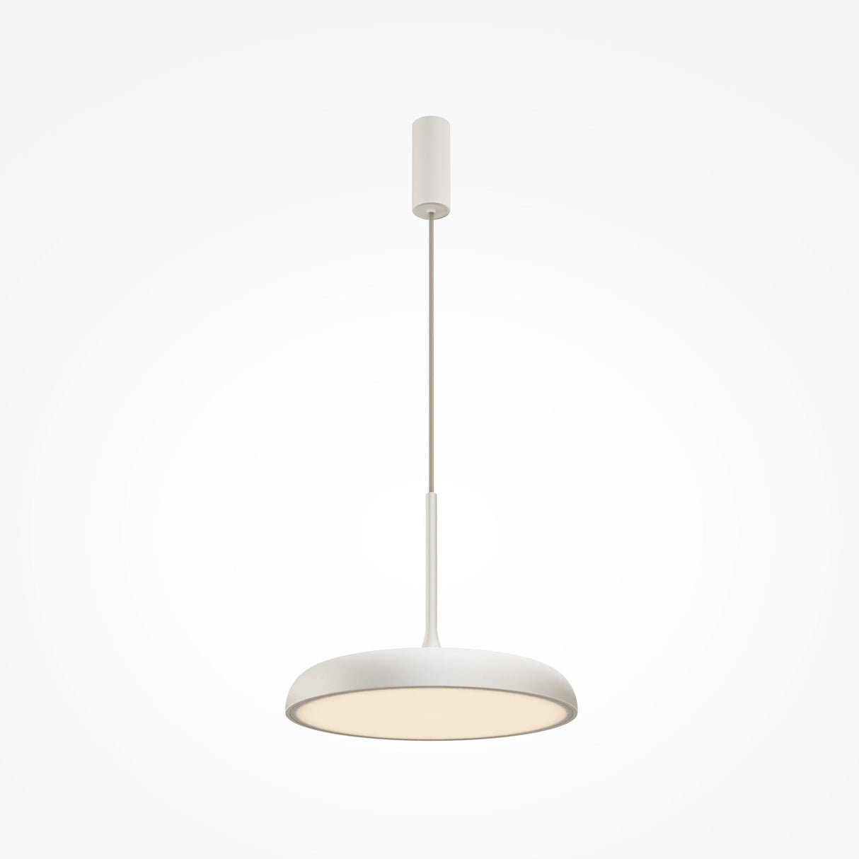 The Gerhard LED Dome Pendant Light 40cm in white, with its circular shade and energy-efficient illumination, offers soft white light. Suspended by a slender rod, its sleek design enhances any light gray backdrop, ideal for modern interior lighting enthusiasts.