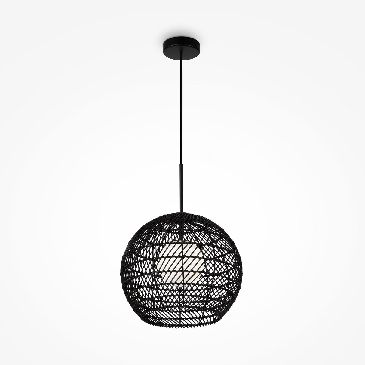 The Cane Pendant Light 30cm showcases a modern natural design with a spherical black wicker shade and white glass diffuser. An adjustable wire suspends it, while the bulbs soft glow through the intricate weave adds elegance to any room.
