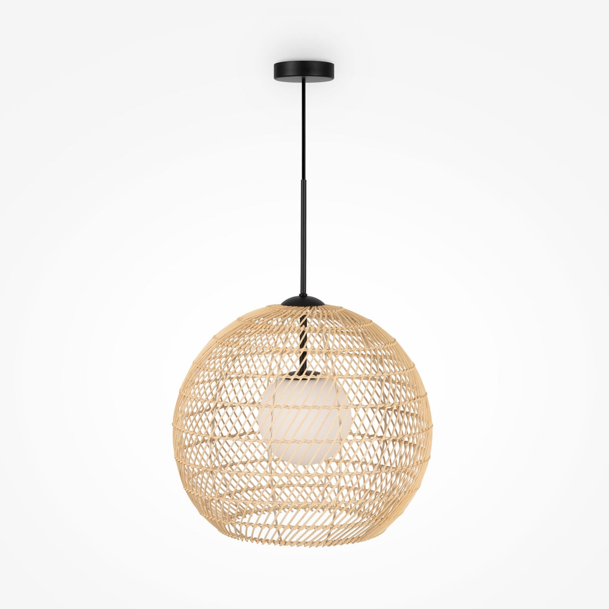 The Cane Pendant Light 40cm features a black and beige wicker shade with a white glass diffuser, hanging from an adjustable wire and black mount, offering a minimalist and modern aesthetic.