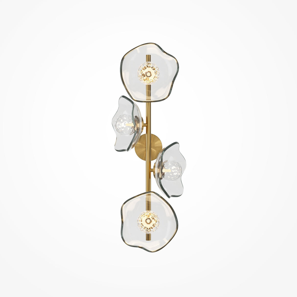 The Miracle 4 Light Wall Light features a sleek, art-inspired design with four vertically arranged bulbs, each encased in a flower-shaped clear cast glass shade, all connected by a central brass rod for an elegant and cohesive look.