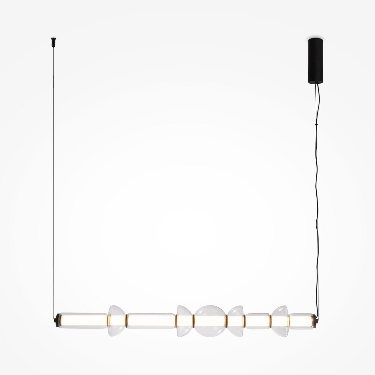 Introducing the Cosmo LED Linear Suspension Light - Black With Clear Glass, a minimalist masterpiece featuring cylindrical bulbs and translucent discs on a horizontal rod, suspended by thin cables from a sleek black ceiling fixture against a pristine white background.