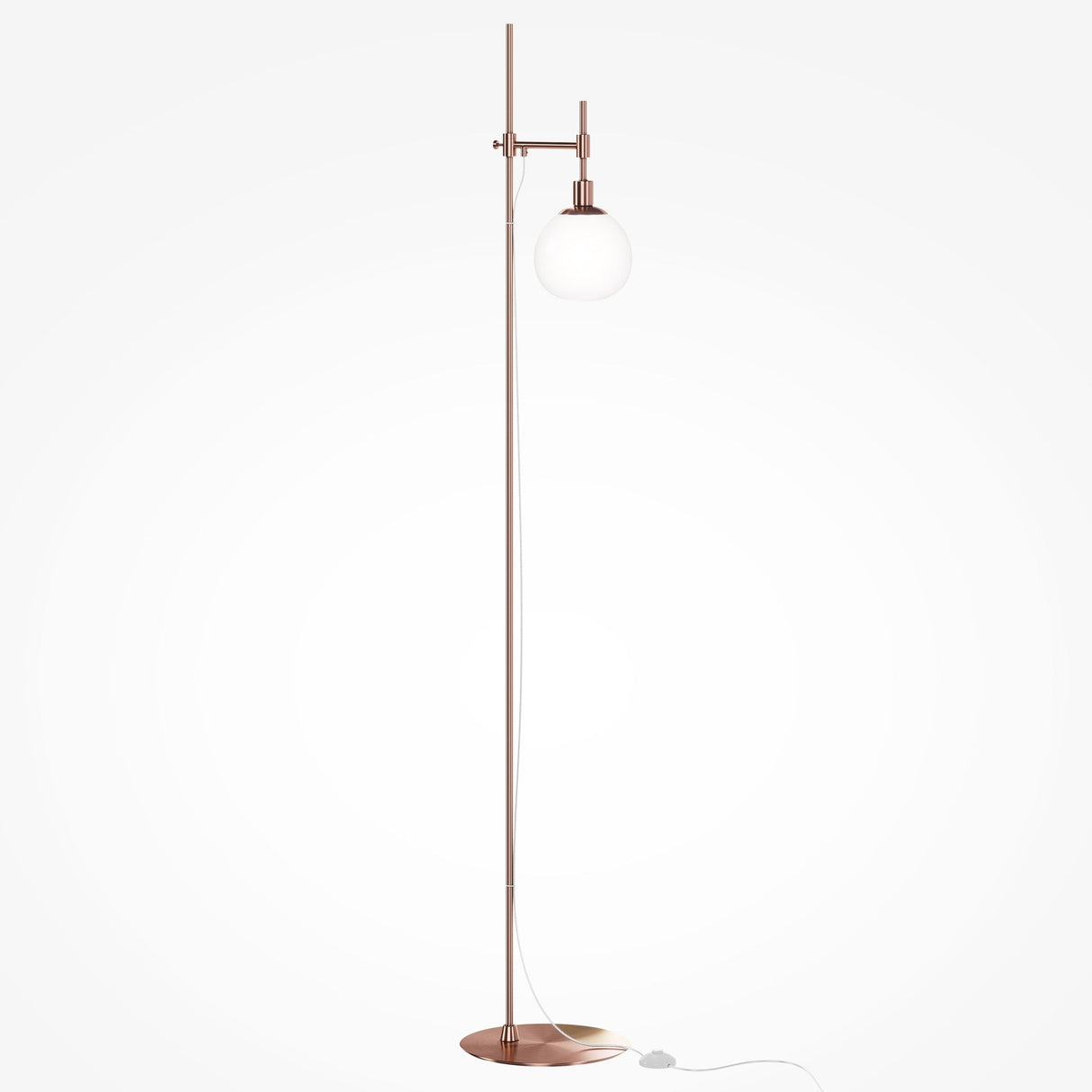 Introducing the Erich Floor Lamp - Brass: a sleek metallic stand with a stunning brass finish and a round, frosted white globe shade. Its minimalist design includes a circular base, visible power cord, and adjustable height for a truly contemporary style.