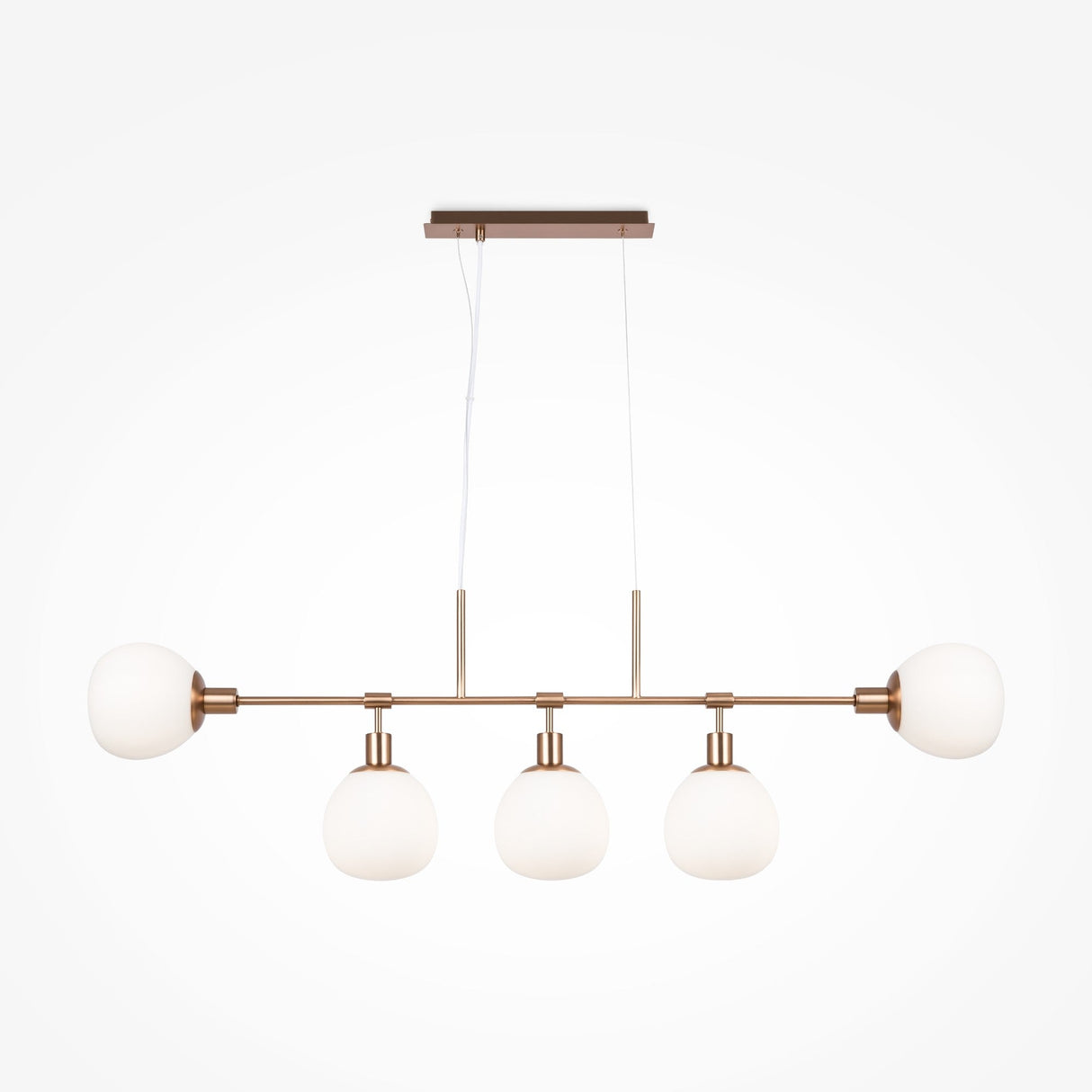 The Erich 5 Light Island Suspension - Gold With White Glass (MOD221PL-05G) is a modern chandelier featuring a streamlined design with a horizontal gold bar and five evenly spaced white glass bulbs. Perfect for kitchen islands, it hangs from a rectangular gold ceiling mount via two slender wires.