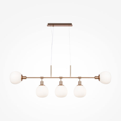 The Erich 5 Light Island Suspension - Gold With White Glass (MOD221PL-05G) is a modern chandelier featuring a streamlined design with a horizontal gold bar and five evenly spaced white glass bulbs. Perfect for kitchen islands, it hangs from a rectangular gold ceiling mount via two slender wires.
