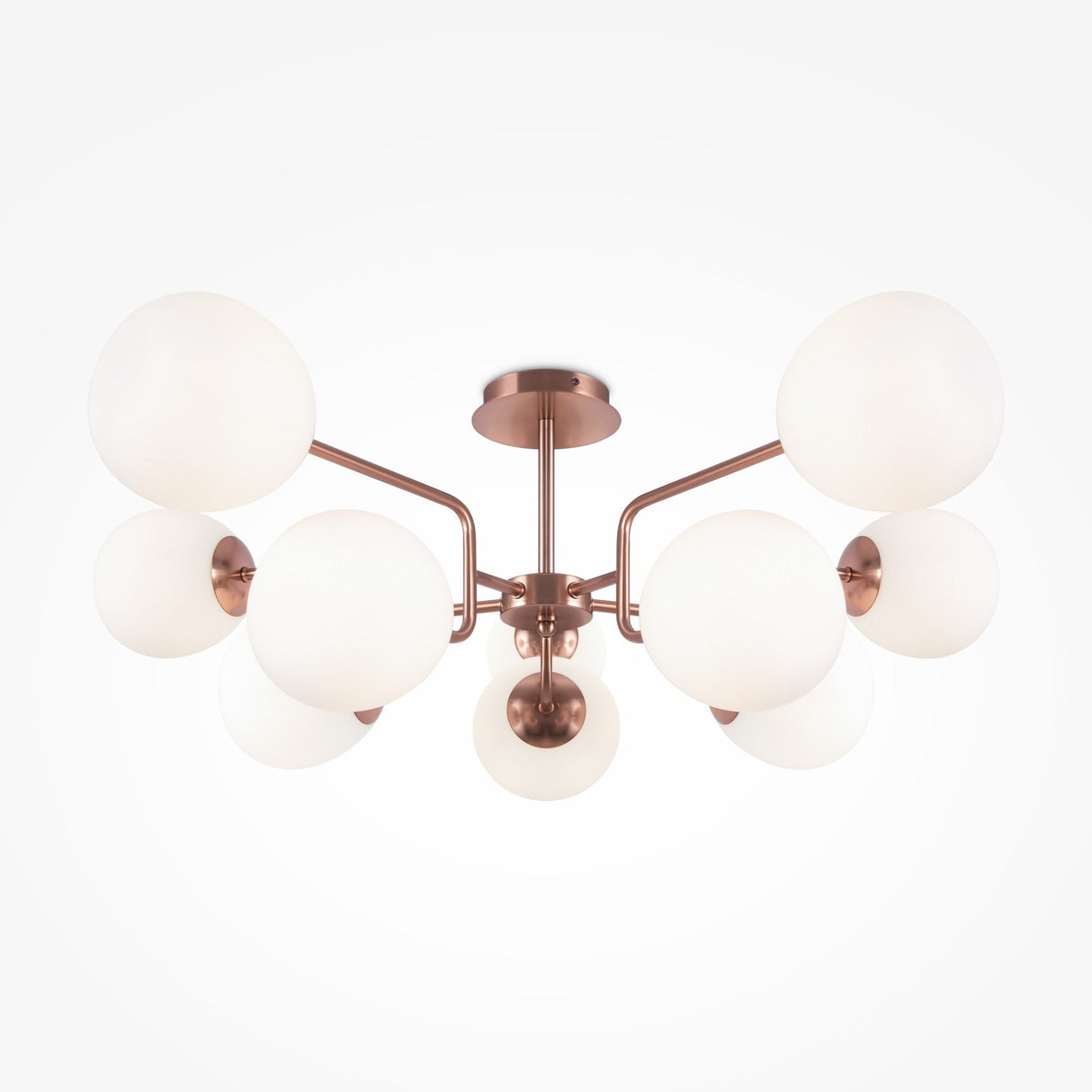 Experience modern artistry with the Erich 10 Light Semi-Flush - Brass With White Glass, featuring a central base and multiple arms. Each arm supports a round white globe light against a plain white backdrop.
