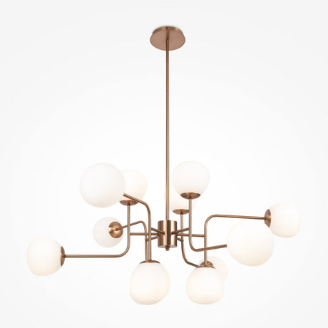The Erich 12 Light Chandelier is a luxury lighting fixture featuring a sleek gold finish with twelve white glass globe lights on multiple arms. Its modern design elegantly hangs from a central rod against white surroundings, capturing attention with its sophisticated allure.