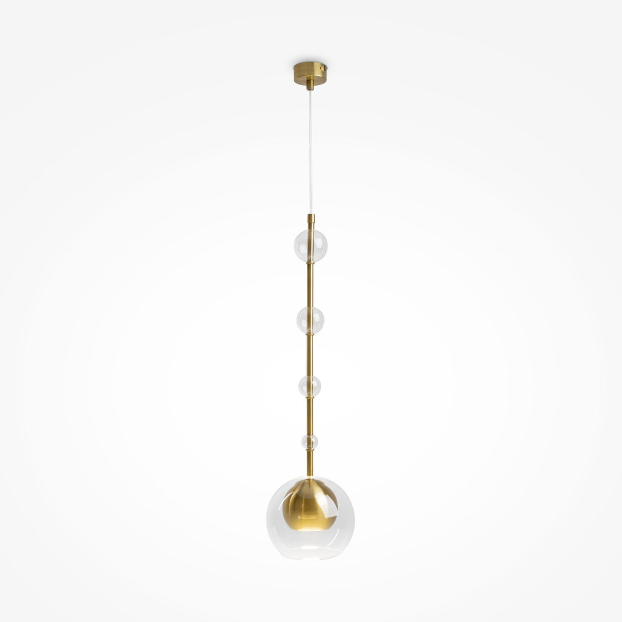 The Ros 1 Light Pendant features a modern design with a vertical brass rod and clear glass spheres descending from a gold ceiling mount, with the largest sphere housing a bulb at the bottom.